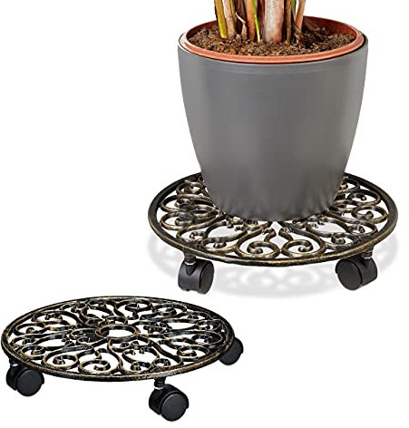 2 x Pflanzenroller Gusseisen, rund, Ø 33,5 cm, Blumentopfuntersetzer, 4 Rollen, stabil, wetterfest, Blumenroller, Bronze