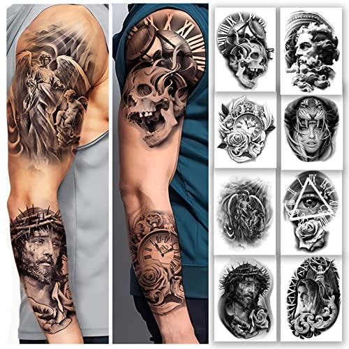 8 ark extra stor Jesus tillfälliga tatueringshylsa, tillfällig tatuering av armen, falska tatueringar för vuxna män kvinnor, designad av riktiga tatueringskonstnärer | Roarhowl