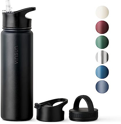 Vinsun Edelstahl Trinkflasche 750ml - Strohhalm, Trinköffnung, Drehverschluss - auslaufsicher, Kohlensäure geeignet - leichte Thermosflasche Sport, Outdoor, Schule, Büro