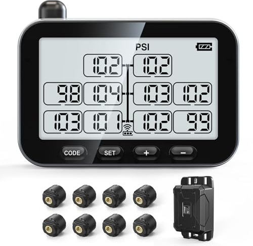 GUTA Trailer Tire Pressure Monitoring System, RV TPMS with 8 Sensors, 6 Alert Modes, Signal Booster, Power Saving Display, Long Sensing Distance, for 3 Trailers (T1/T2/T3), for Camper, Motor Homes