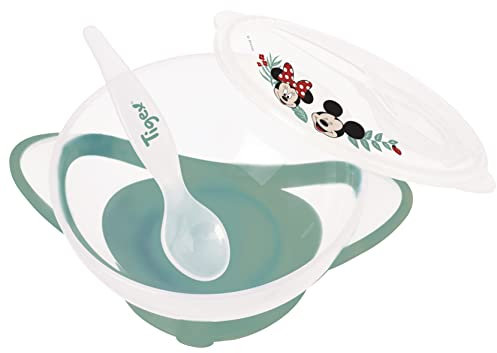 Tigex bol para bebé con ventosa, Bol de destete para bebé con tapa y cuchara, Apto para el lavavajillas y el microondas, Mickey Mouse de Disney