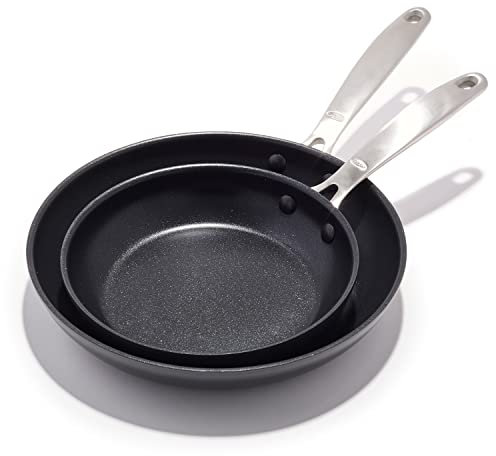 OXO Enhanced 8 and 10 Frying Pan Skillet Set, Healthy Ceramic Nonstick, PFAS-Free, Stainless Steel Handle, Dishwasher Safe, Oven Safe, Black