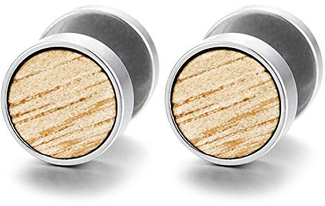 2 Cercle Boucles d'oreilles avec Bois Homme Femme - Bouchon Jauge Faux Cheater Fake Gauges Plugs - Acier 1 Paire