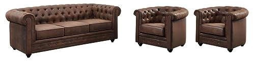 Vente-unique - Divano 3 posti+ 2 Poltrone Chesterfield - microfibra - marrone