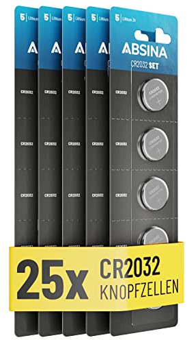ABSINA Knopfzellen CR2032 3V 25er Pack - Batterien CR2032 auslaufsicher & mit Langer Haltbarkeit - CR 2032, CR 2032 Lithium Batterien, CR 2032 3V Knopfzellen - Knopfzelle für Autoschlüssen UVM