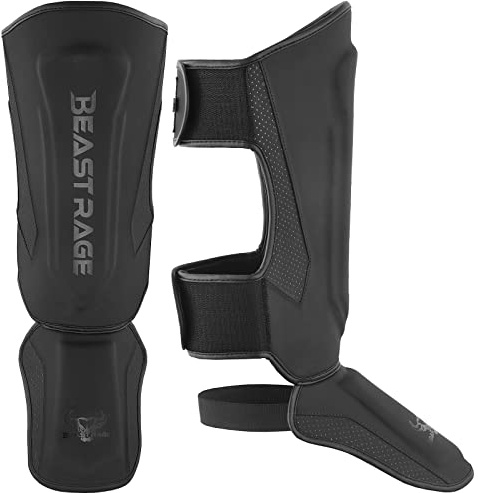 BEAST RAGE Protège-Tibias pour Kickboxing Muay Thai,Protège-Tibias pour Arts Martiaux MMA,Protège-Jambes avec Protection du Cou-de-Pied,Équipement d'entraînement MMA (Noir, M)