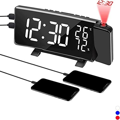 RayGenius Sveglia Digitale a proiezione con Radio FM, proiettore a 180°, Schermo a Specchio LED da 7'' con cifre Grandi, dimmer Automatico con Caricatore USB, Doppio Allarme Snooze