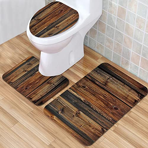 IUBBKI Badezimmermatte, rutschfeste Matte, rustikale braune Holzplatte, Bauernhaus-Stil, Holz, Landhausstil, Badematten-Set, 3-teilig, saugfähig, rutschfest, Badematte, WC-Vorleger, Badteppich