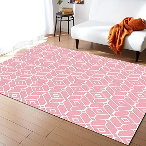 Alfombras De Estar Línea Blanca Diamante Geométrico Cuadros Rosa Atrapar Suciedad Alfombra De Piso Premium,Antibacterianas Alfombra para Decorativa Entrada Interior 120X160Cm