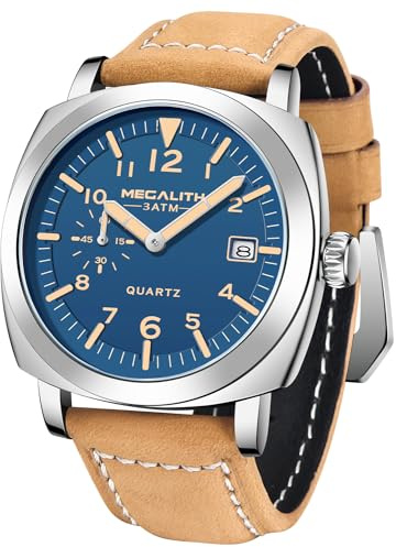 MEGALITH Herrenuhr Militär Sport Outdoor Wasserdicht mit Lederarmband - Großes Zifferblatt Leuchtender Kalender Datum Analoge Quarzuhr Männer Armbanduhr Design Braun