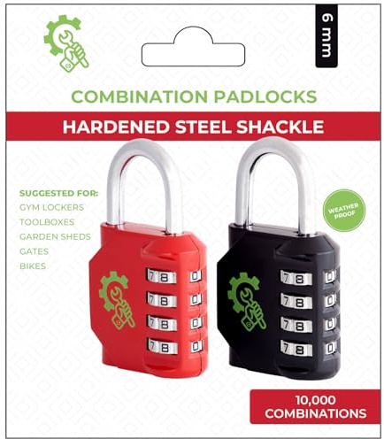 Spanner In the Works® | Padlocks with Code | 4 Digit Weatherproof Combination Padlock Outdoor | Gym Locker Padlocks (Pack of Two, Red and Black Coded Number Locks)