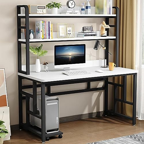 KAZUP Computertisch mit Schrank und Bücherregal, industrieller Schreibtisch, Arbeitszimmer, Schreibtisch, Arbeitsplatz mit Ablagefach für das Heimbüro (47 Zoll, weißer + schwarzer Rahmen)
