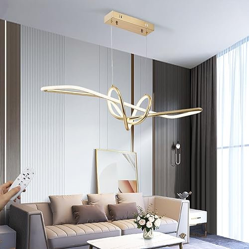 Modern LED Pendelleuchte Spirale-Design Hängelampe 48W Dimmbar mit Fernbedienung und Memory-Funktion höhenverstellbare Esstisch Kronleuchter für Wohnzimmer Arbeitszimmer Büro Esszimmer 86cm (Gold)