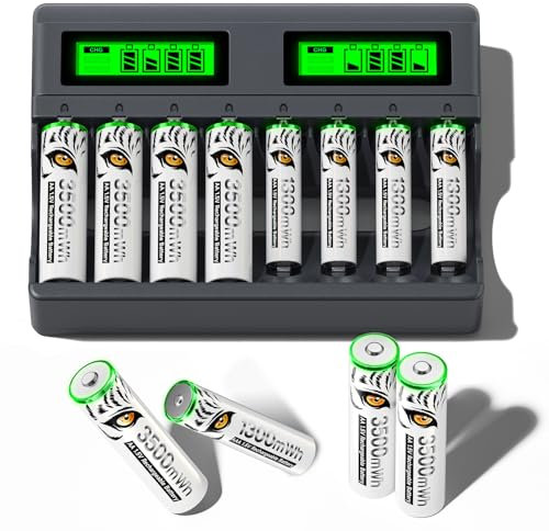 Mspalocell 4 pilas AA 1.5 V recargables con cargador, 4 pilas recargables de litio AAA con 8 ranuras USB C Tipo-C carga independiente LCD cargador rápido inteligente para batería AA AAA