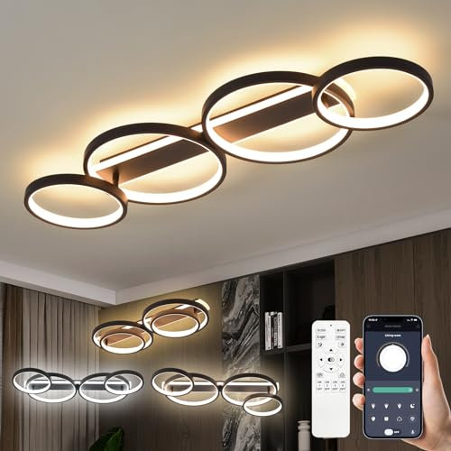 LED Plafonnier,Moderne Lampe de plafond 48W 3000K-6500K,4 anneaux ronde design Chambre Eclairage,Luminaire interieur deco avec Telecommande APP Dimmable,Lampe Lustre pour salon bureau cuisine couloir