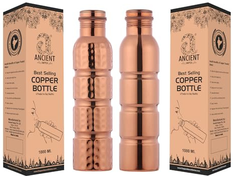 ANCIENTIMPEX Lot de 2 bouteilles d'eau en cuivre pur de 1 000 ml, sans couture, anti-fuite, pour la santé, la désintoxication et l'hydratation quotidienne