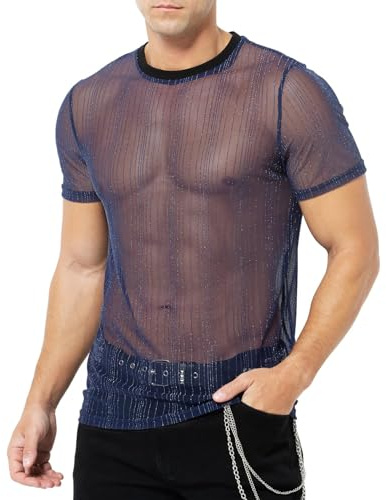 Casey Kevin Transparent T-shirt för män Mesh Skjorta Glitter Paljetter Svart T-shirt Mesh Fishnet Nattklubb Sexig Genomskinlig T-shirt Muskler Clubwear Party Night, Y3-blå, L