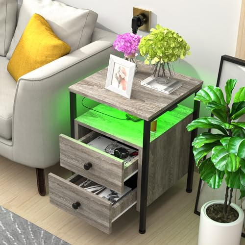 PIPIPOXER Beistelltisch mit Ladestation, Sofatisch mit 2 Schubladen und USB-Anschluss und Steckdose, Nachttisch LED für Kleine Räume, Stabil und Robust, für Wohnzimmer, Grau, 40x40x61cm