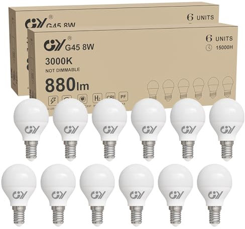 GY Ampoule LED E14 8W (équivalent 80W), 880 lumens 3000K Blanc Chaud, G45 Ampoule E14 LED Efficacité Energétique, E14 LED Angle de faisceau de 280° Non-Dimmable, Lot de 12
