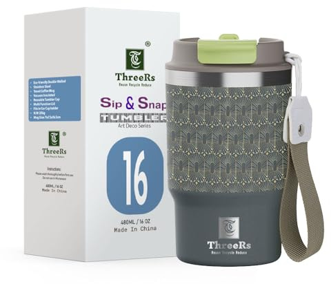 ThreeRs - Bicchiere da caffè da viaggio con coperchio a tenuta stagna, in acciaio inox 304, a doppia parete, per bevande calde e fredde, 480 ml, serie Art Deo, colore: grigio