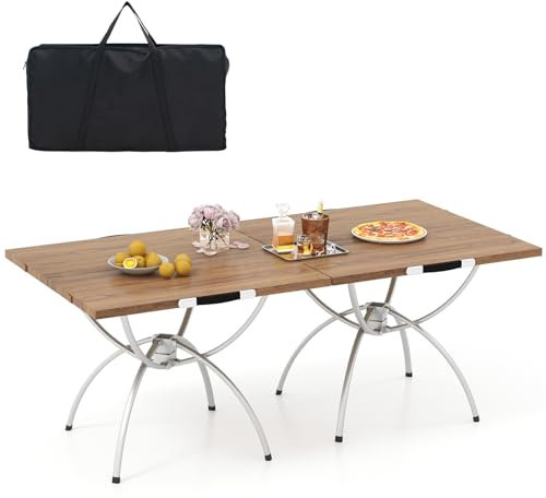 COSTWAY 2 Mesas Plegables de Camping, 61 x 61 x 46,5 cm, Mesa Plegable Portátil, Ligera Extensible con Tablero de Madera Veteada, Marco de Aluminio, Bolsa de Transporte, Mesa Playa Plegable Baja