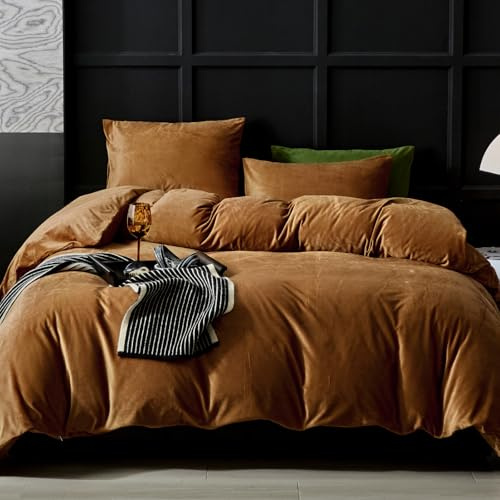 WARMDERN Camel Flannel Velvet Duvet Cover King Size Duvet Cover Bedding Sets, 3pcs Ultra Soft Luxury Textured Modern Crystal Velvet Duvet Covers with Zipper Closure(Camel, King)