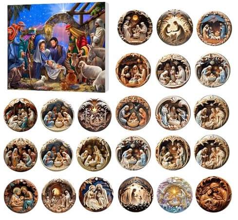 Weihnachtskrippe Adventskalender 2024, 24 Tage Weihnachts-Countdown-Kalender mit Krippenanhängern, Traditionelle religiöse Weihnachtsdekoration