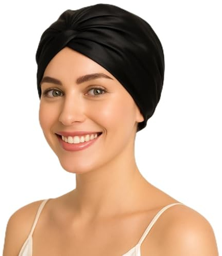 Ade'Silk I Turban Mujer 100% seda de morera 22 Momme grado 6A I Accesorio para el cuidado del cabello Noche y Día I Gorro de seda ajustable para todo tipo de cabello, Negro , Talla única