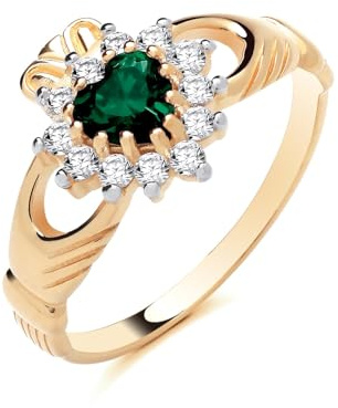 Old English Jewellers 9ct Yellow Gold on Silver Emerald & CZ Irish Claddagh Ring Love Loyaly & Freindship size J to U (U)