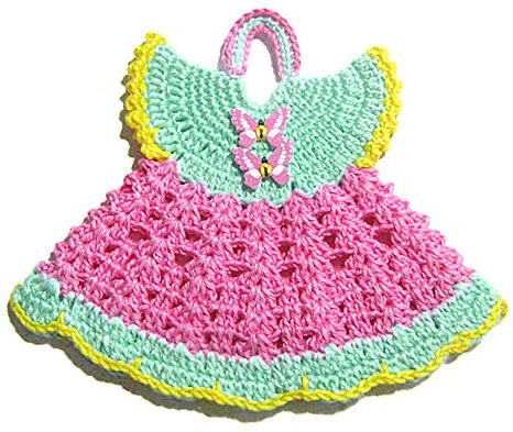 Presina ad uncinetto rosa e acquamarina a forma di vestitino in cotone 19x16 cm (17PRS) - Made in Italy