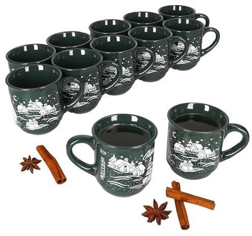 MamboCat Lot de 12 tasses à vin chaud 0,2 l vert paysage de Noël I tasses à vin chaud classiques en céramique I calibrées I Idéal pour le marché de Noël