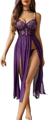 Avidlove Women Sexy Lingerie Lace Babydoll Mesh Long Chemise Sleepwear | V Neck, High Side Slit, Long Nightwear 2 pieces mit G string, Soft mesh fabric, Valentine's Day, Festival Outfit
