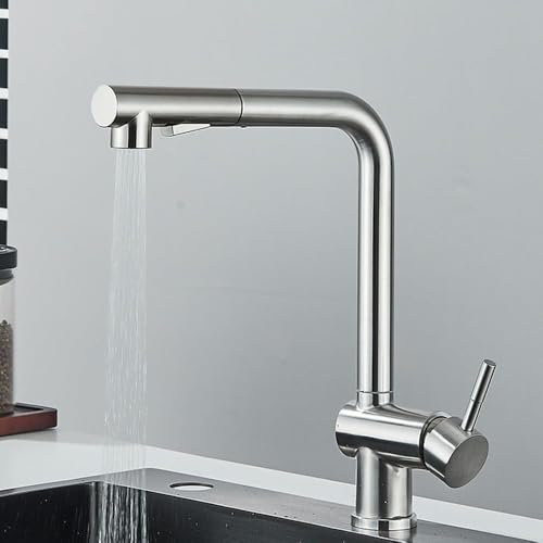 Brushed Nickel Pull Out Kitchen Sink Faucet High Pressure Two Model Stream Nozzle Stainless Steel Tap(Brushed Nickle)