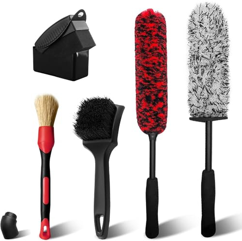 ipow Car Wheel Brush Kit, 5PCS Bendable Wheel Cleaner Brush Set with Microfiber Rim Brush, Tire Dressing Applicator, Car Detailing Brushes for Rims, Wheels, Tires, Engine Bay and Wheel Well, Red