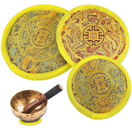 Tibetische Klangschalenmatte 3 Stück Gelb mit Stickmuster | Baumwolltuch, für Klangschale und Teekanne, Meditation und Zen, Schutzauflage