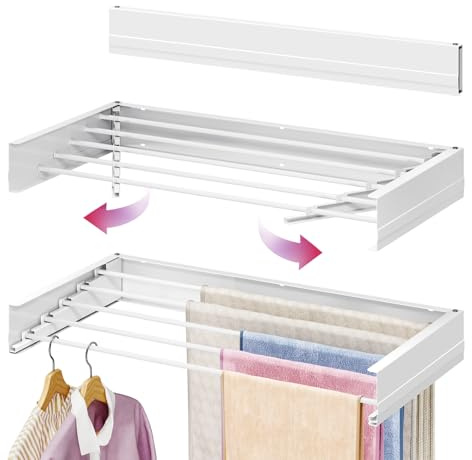 APEXCHASER Wall Mounted Clothes Drying Rack, 32'' Laundry Drying Rack Retractable, Towel Racks for Bathroom Balcony Laundry Room Wall Mount, Foldable Drying Rack for Clothing, White