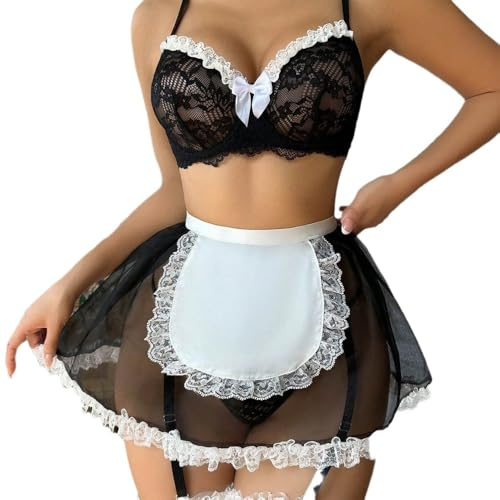 ZYTC Classy Maid Halter Underkläder Set för Kvinnor Spets BH med Förkläde och Minikjol Datum Utekväll Kläder, Svart, M