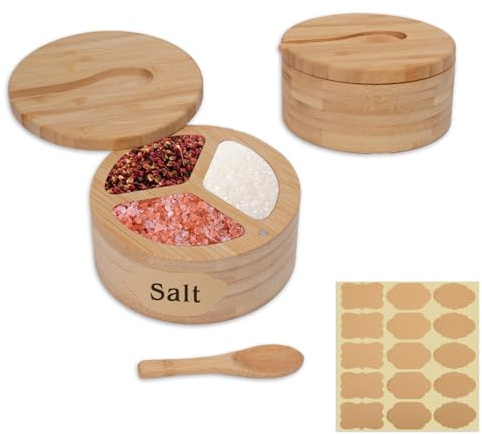 Mulaibdin 2 saleros con tapa y cuchara, recipiente de sal de madera para cocina, olla magnética pequeña, barril de sal, salero de bambú con adhesivo para etiquetas, almacenamiento de sal y azúcar