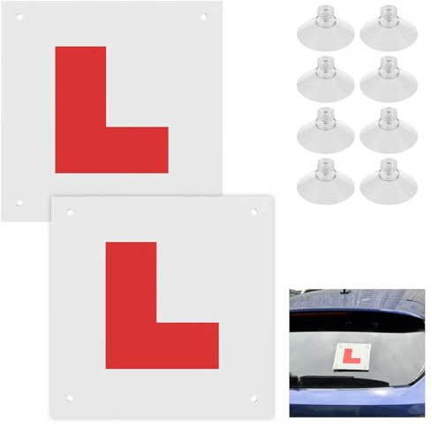PERSENTU 2 Pack L Plates Magnetic for Car UK, Learner Plates Fully Magnetic with 8 Suction Cups - Waterproof, Reflective, Reusable & Easy Install/Remove, Fits Car Hood/Rear Window/Sides
