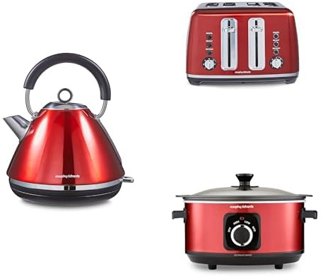 Morphy Richards Accents Kitchen Bundle, 1.5L, 3KW Rapid Boil Pyramid Kettle, 4 Slice Toaster & Slow Cooker 3.5L, Easy Operation, Stylish Retro Design, Matching Set, Red, 102048 | 242048 | 460026
