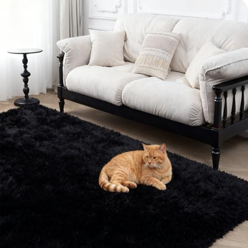 LIHUANE Hochflor Teppich Shaggy Teppich 220 x 240 cm Super Soft Flauschiger Hochflor Anti-Rutsch Unterseite für Esszimmer Küchen Schlafzimmer, Schwarz