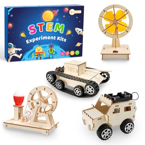 JTgugu 4 piezas de experimentos para niños, kit de construcción electrónica DIY STEM juguetes, juego de construcción de ciencia de madera, rompecabezas 3D, caja de experimentos, regalo para niños
