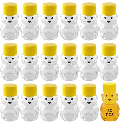 Dolltobe 50 Stück Honigbär-Flaschen, 57 ml, transparentes Kunststoff-Honigglas mit gelber Kappe, Mini-tragbares Design, auffällige Bärenform