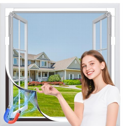 MLEJU Fliegengitter Magnet Fenster, 140x150 cm Individuell zuschneidbar | Verstärktes Glasfasergewebe, Einfache Montage ohne Bohren ,Magnetrahmen,Insektenschutz fenster magnetisch- Graues Netz