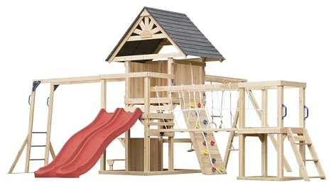 AXI Hunter Spielturm aus Holz mit 2 Schaukeln & doppelter Rutsche in Rot | XXL Spielhaus/Spielplatz für Kinder mit Klettergerüst, Kletterbrücke & Trapez | Schaukelgerüst für den Garten