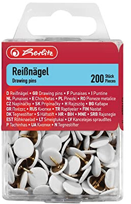 Herlitz Reißnagel rund, kunststoffummanteltes Metall, 200 Stück in Hängebox, weiß