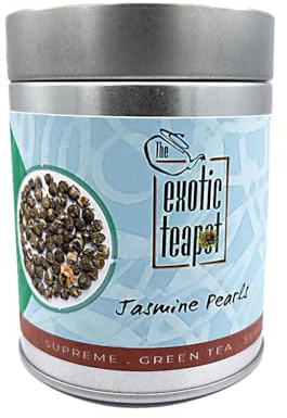 The Exotic Teapot - Supreme Jasmine Pearls Tea, 75g Tin, Premium Hand-Rolled Green Tea, Scented with Real Jasmine Blossoms