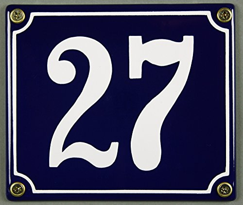Emaille Hausnummernschild - Wählen Sie Ihre Nummer - Zahlen 1 bis 30 verfügbar - blau/weiß 12x12 cm und 12x14cm - sofort lieferbar! Hausnummer Schild wetterfest und lichtecht (27 blau/weiß 12x14cm)