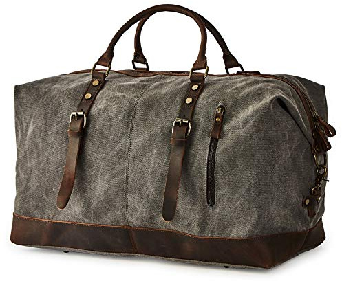 BRASS TACKS Leathercraft Vintage Reisetasche aus gewachstem Segeltuch und Leder, Wasserdicht Sporttasche mit Schuhfach, Handgepäck Verstellbar Schultergurt für Damen und Herren, Grau