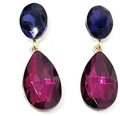 Pendientes largos mujer bisutería cristales de colores fiesta boda chapado plata, azul fucsia